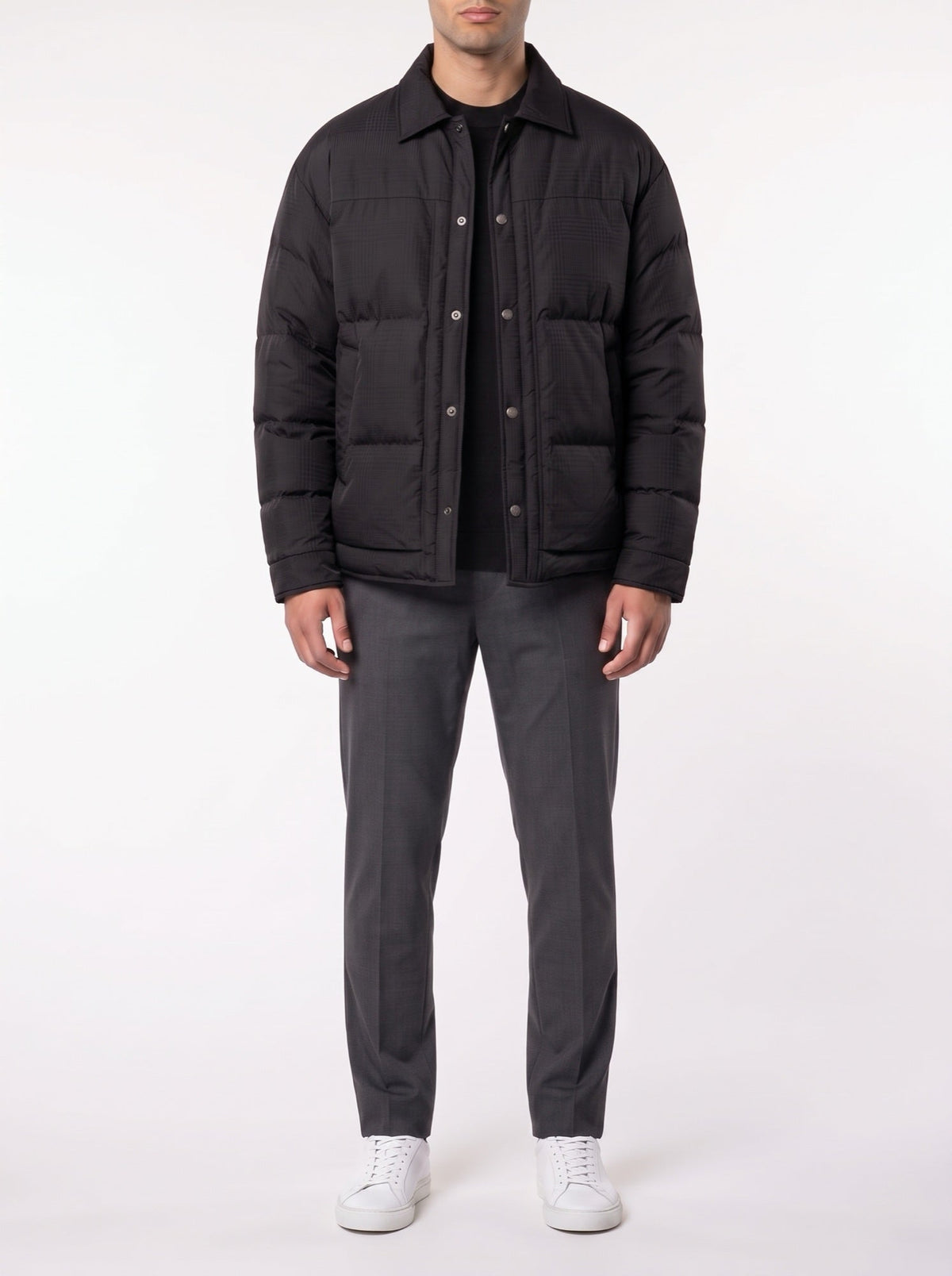 Winter-Daunenjacke mit luxuriösem Jacquard-Karomuster — Schwarz
