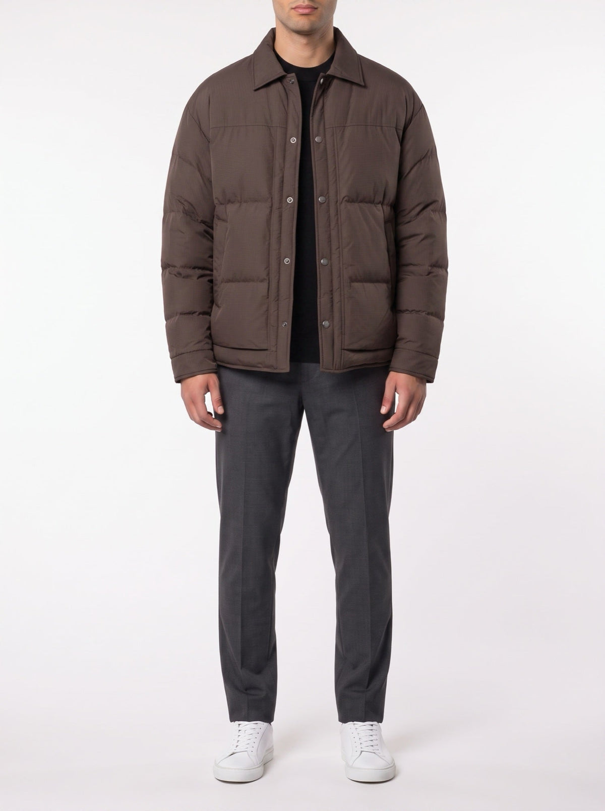 Winter-Daunenjacke mit luxuriösem Jacquard-Karomuster — Dunkelbraun
