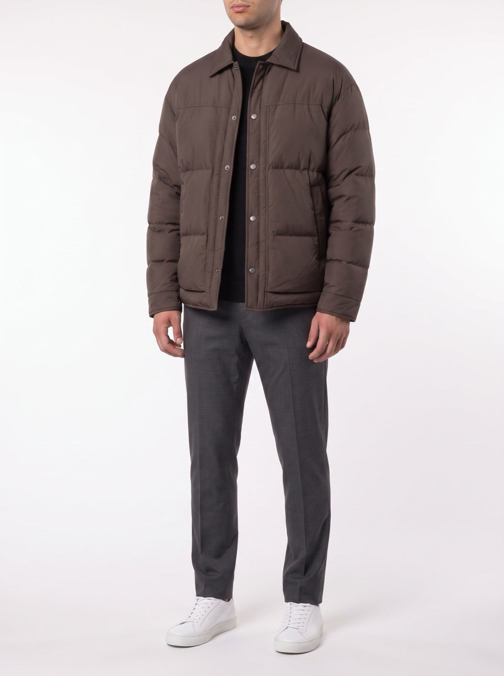 Winter-Daunenjacke mit luxuriösem Jacquard-Karomuster — Dunkelbraun