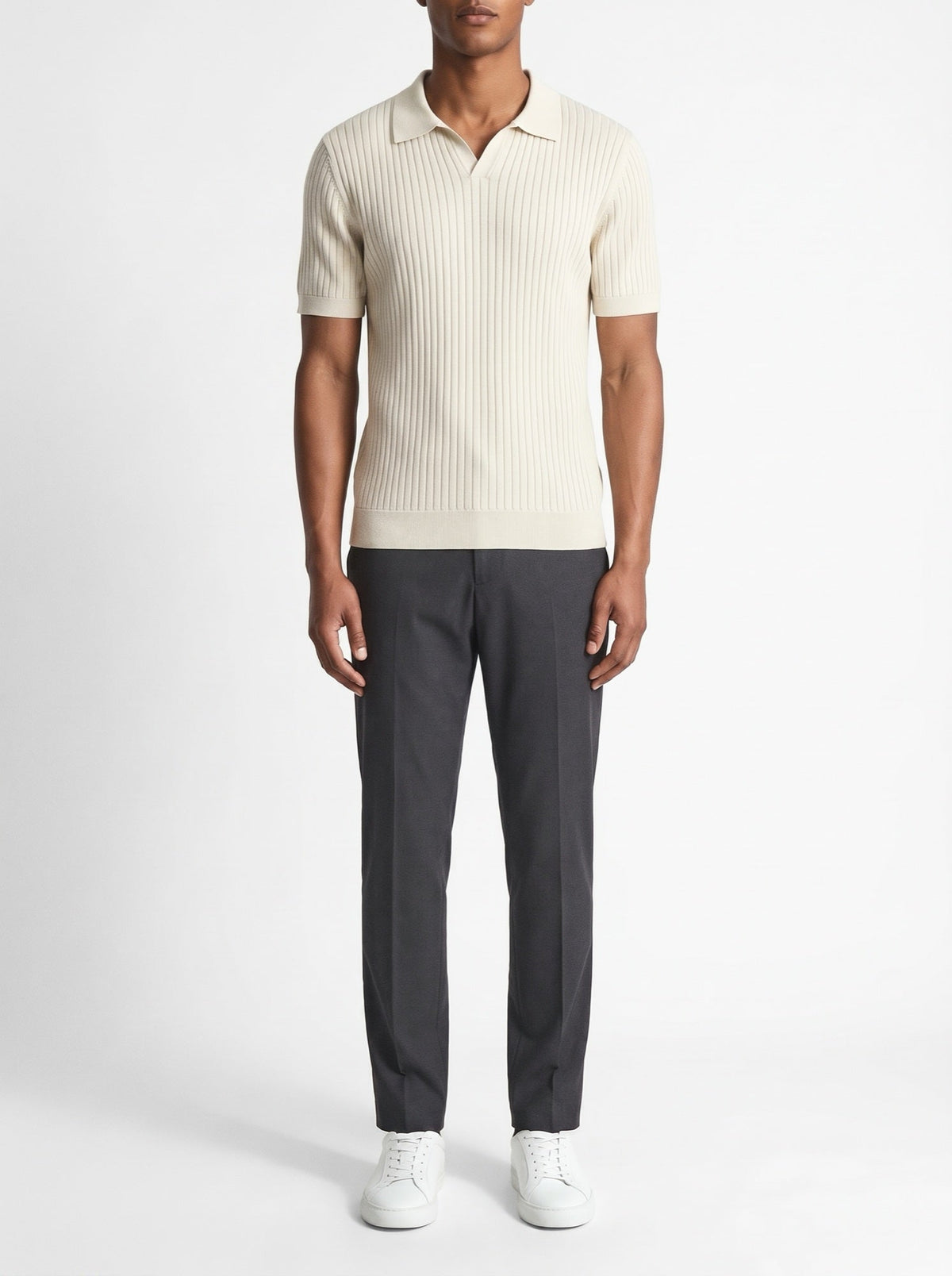 Premium geripptes Poloshirt — Elfenbein