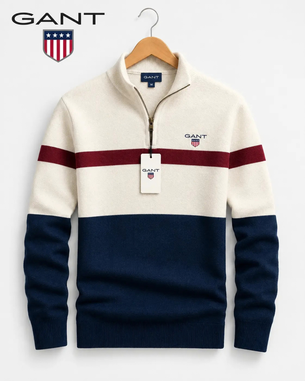 GANT® Color-Block-Winterpullover mit halbem Reißverschluss — Creme