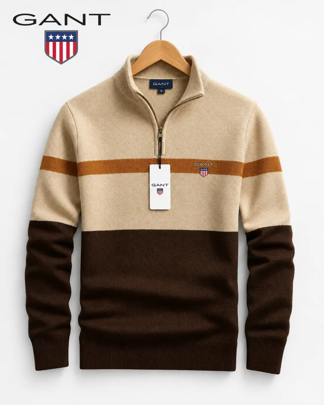 GANT® Color-Block-Winterpullover mit halbem Reißverschluss — Braun
