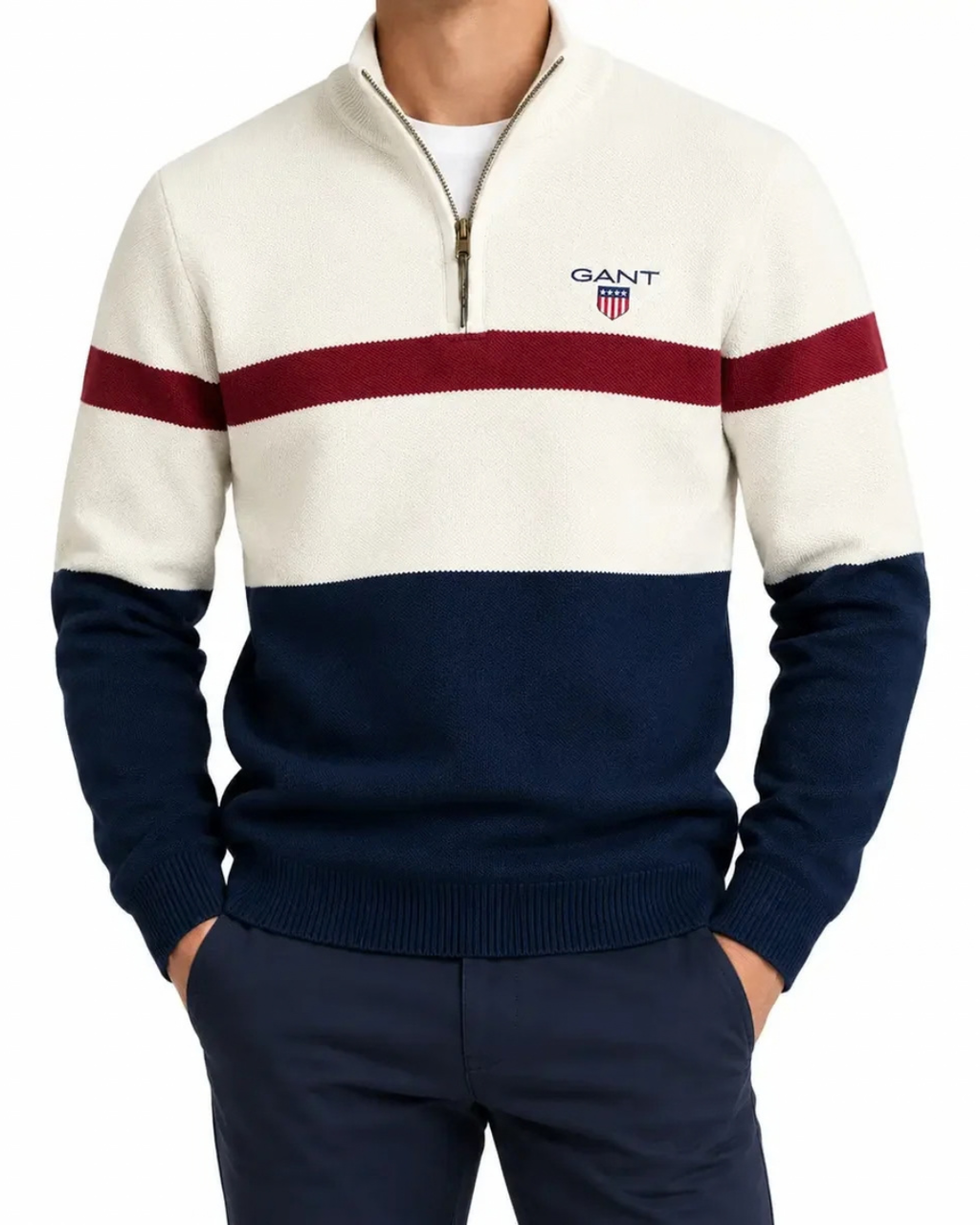 GANT® Color-Block-Winterpullover mit halbem Reißverschluss — Creme
