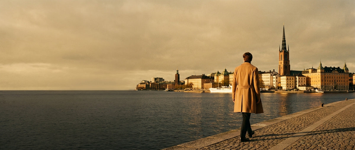 Man i kamelfärgad rock promenerar vid vattnet med Riddarholmen i bakgrunden