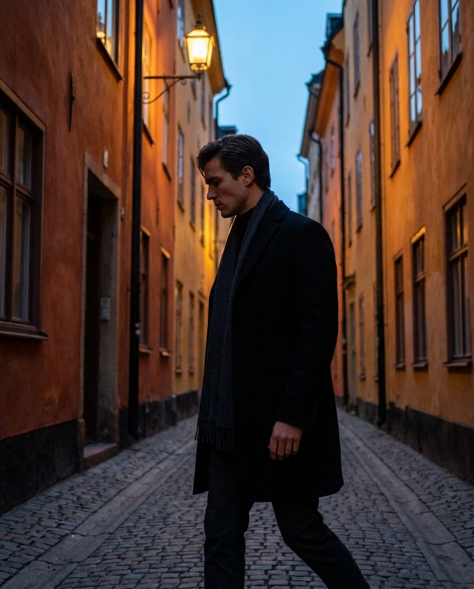 Man i svart ullrock och halsduk i en gränd i Gamla stan i skymningen